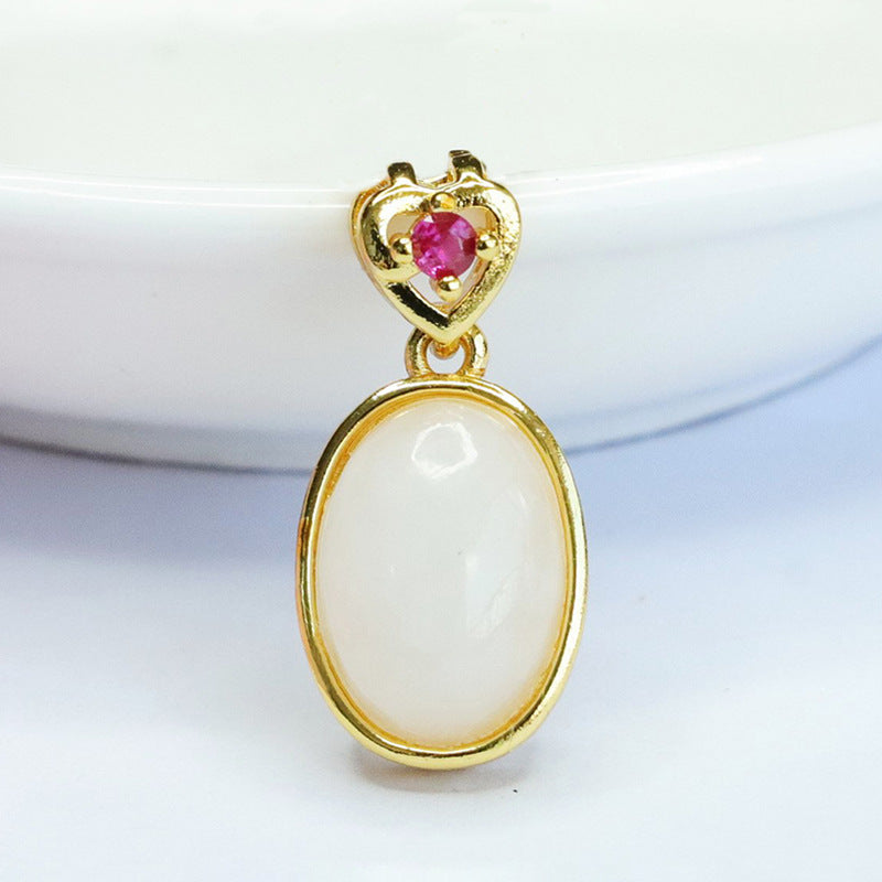 Elegant Oval White Jade Love Golden Pendant