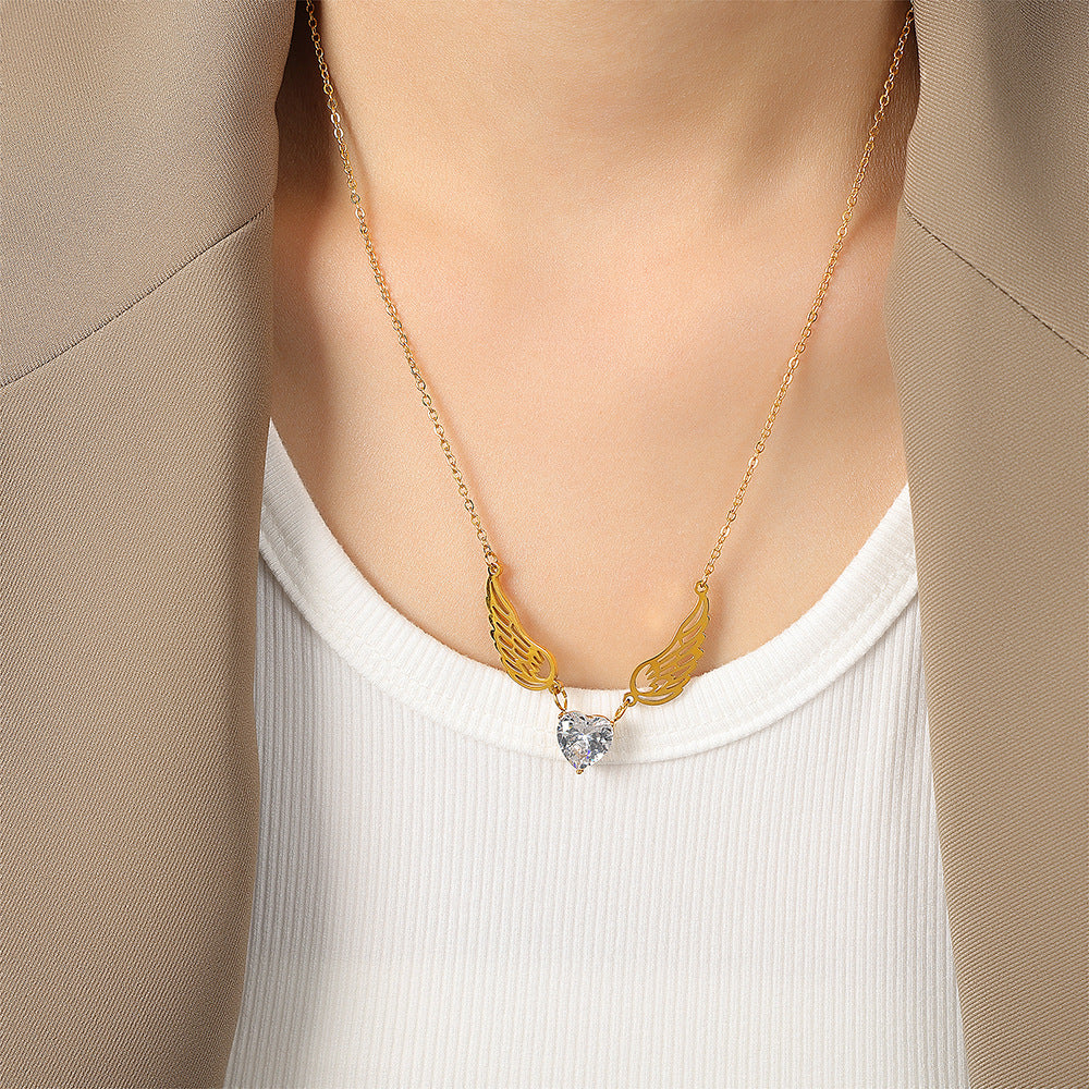 Golden Angel Wing Zircon Necklace - Fashionable Jewelry with Titanium Plating