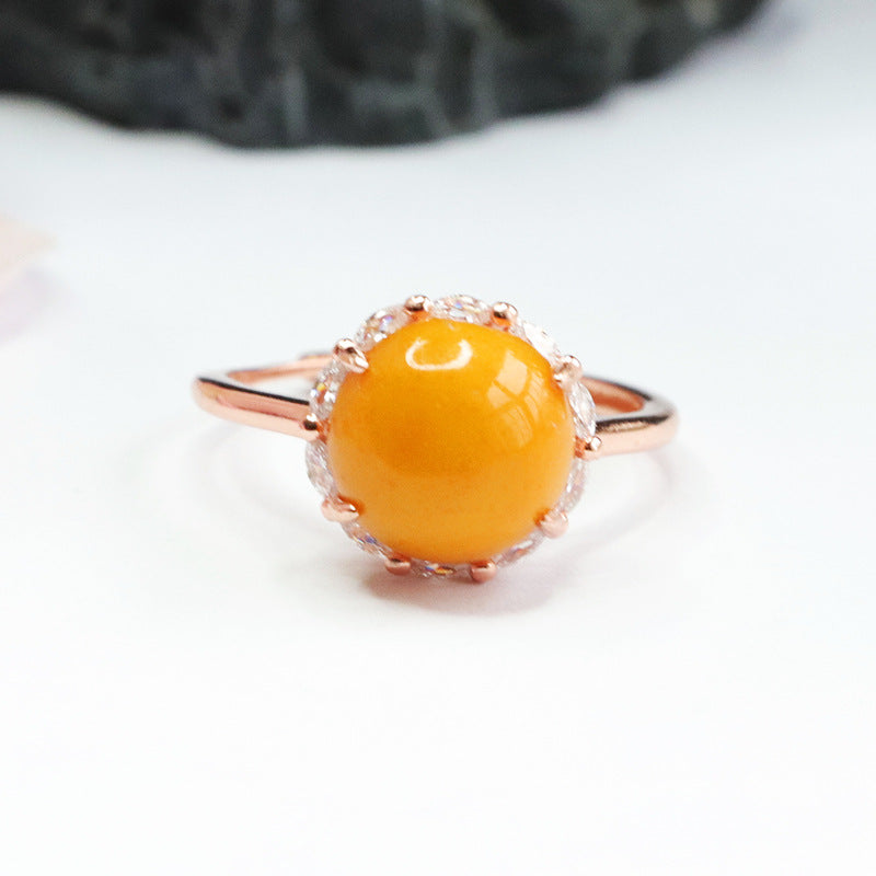 Sterling Silver Adjustable Zircon Ring with Beeswax Amber