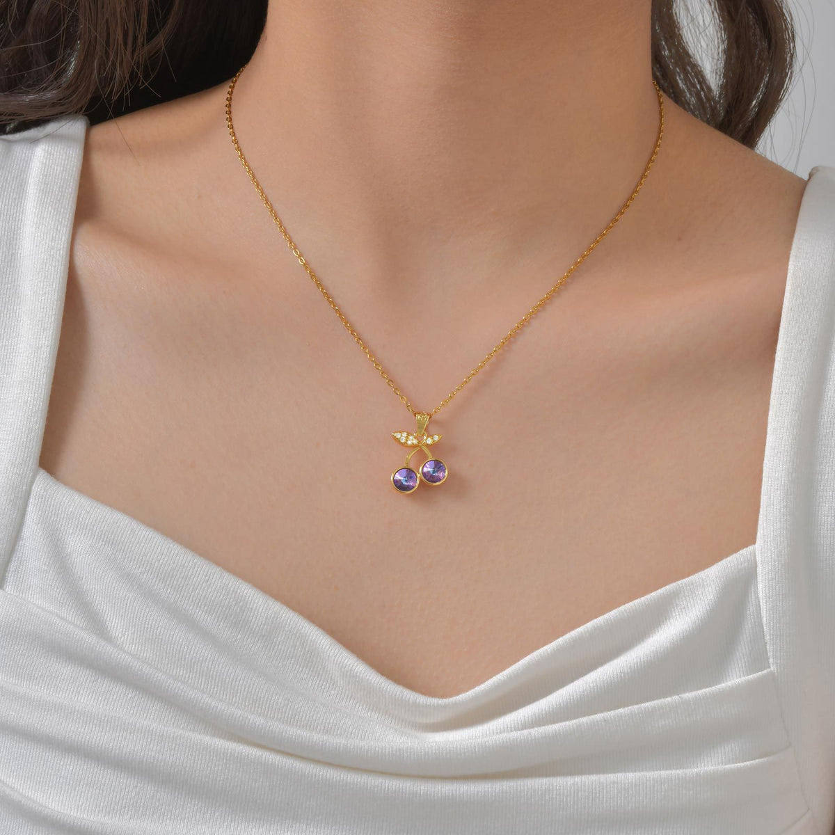 Copper Material Style Cherry Fruit Zircon Design Pendant Necklace