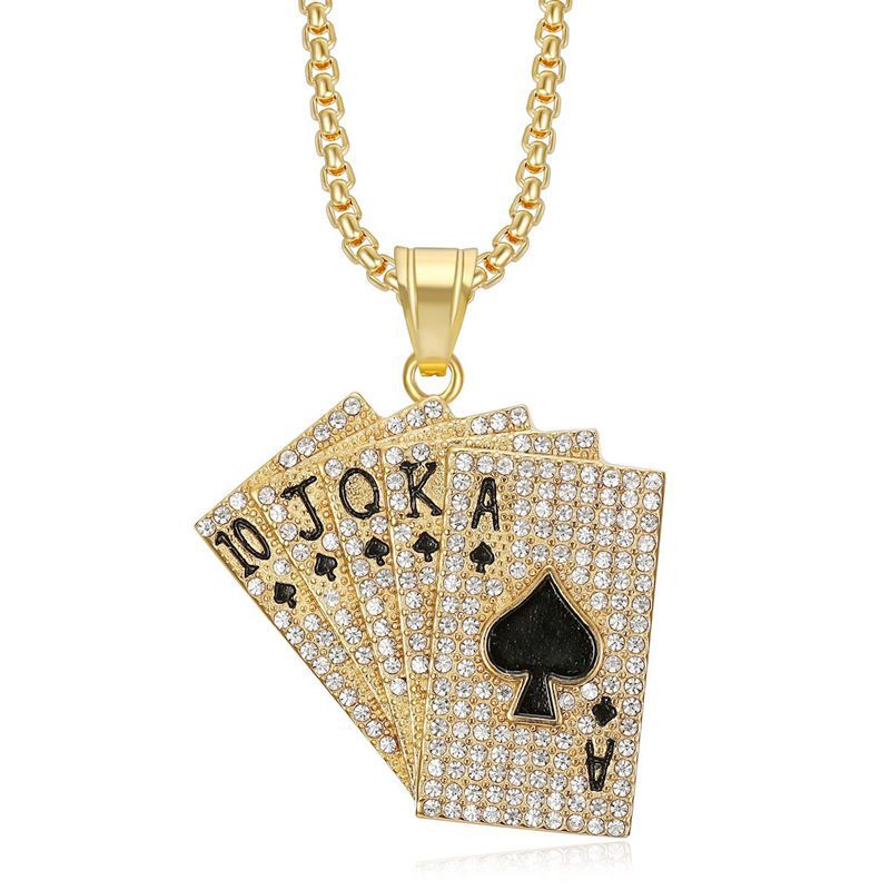Planderful Hip Hop Jewelry Stainless Steel Gold Plated Rhinestone Playing Card Pendant Necklace For Urban Fashion Lovers