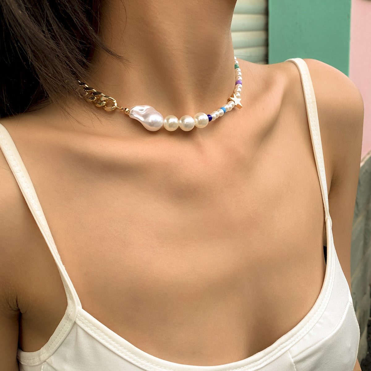 Planderful Vienna Verve Imitation Pearl Collarbone Necklace For Women Beaded Star Marine Style Statement Jewelry
