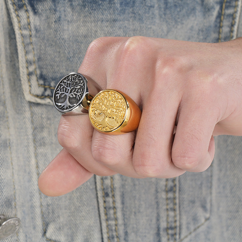 Planderful Punk Tree Of Life Ring For Men Gold Plated
