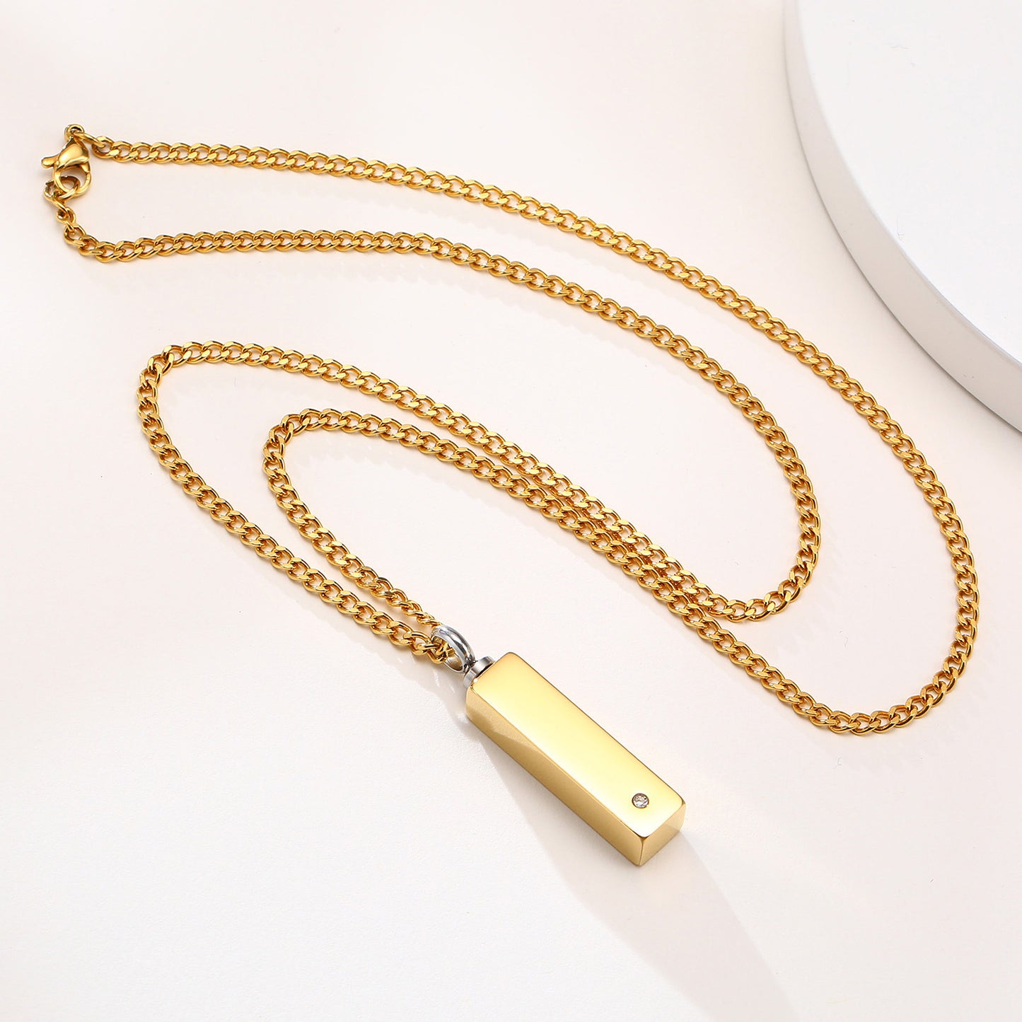 Stainless Steel Rhinestone Cuboid Urn Pendant Gold Necklace