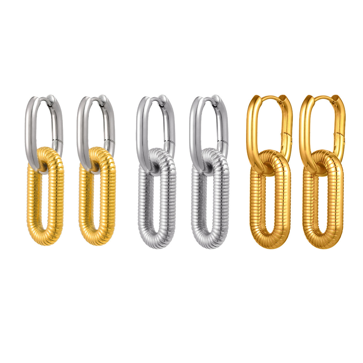 Textured Oval-Link Stainless Steel Drop Earrings