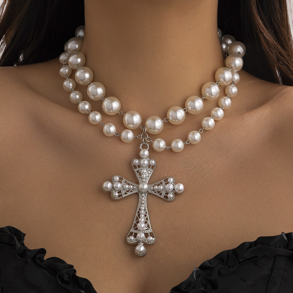 Cyber Cross & Bead Layered Necklace