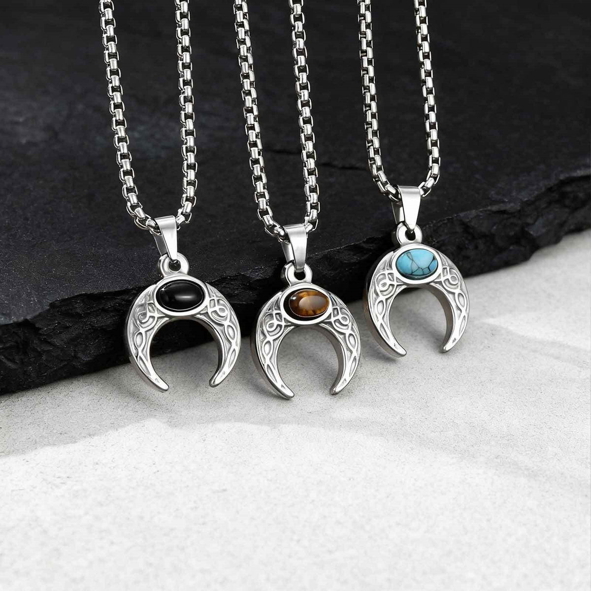 Men's Stainless Steel Turquoise Moon Pendant Necklace