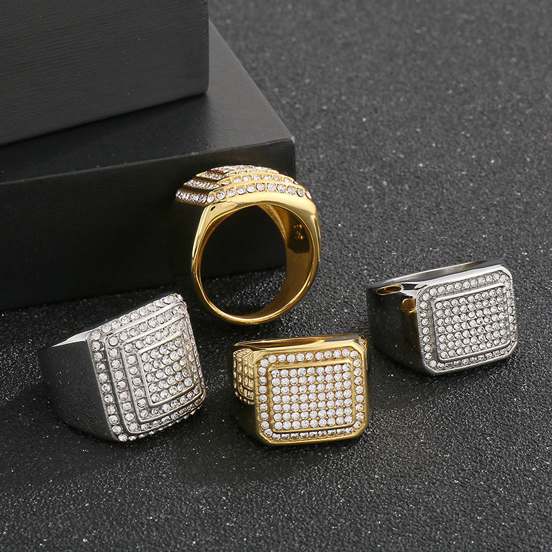 Hip-Hop Square Ring, Luxury Vacuum Plating Full Of Zircon Titanium Steel Men's Ring