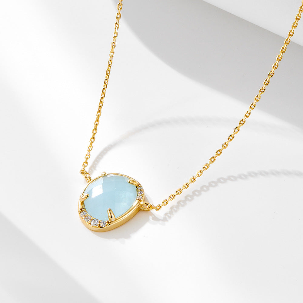 Oval Egg-Shaped Natural Sea Treasure Sapphire Pendant Sterling Silver Necklace High-End Clavicle Chain