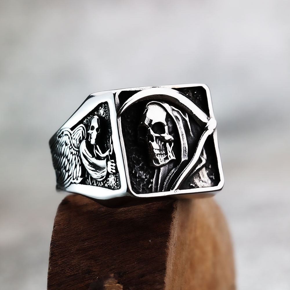 Stainless Steel Grim Reaper Ring By Planderful Collection For Gothic Punk Fans Winged Skull