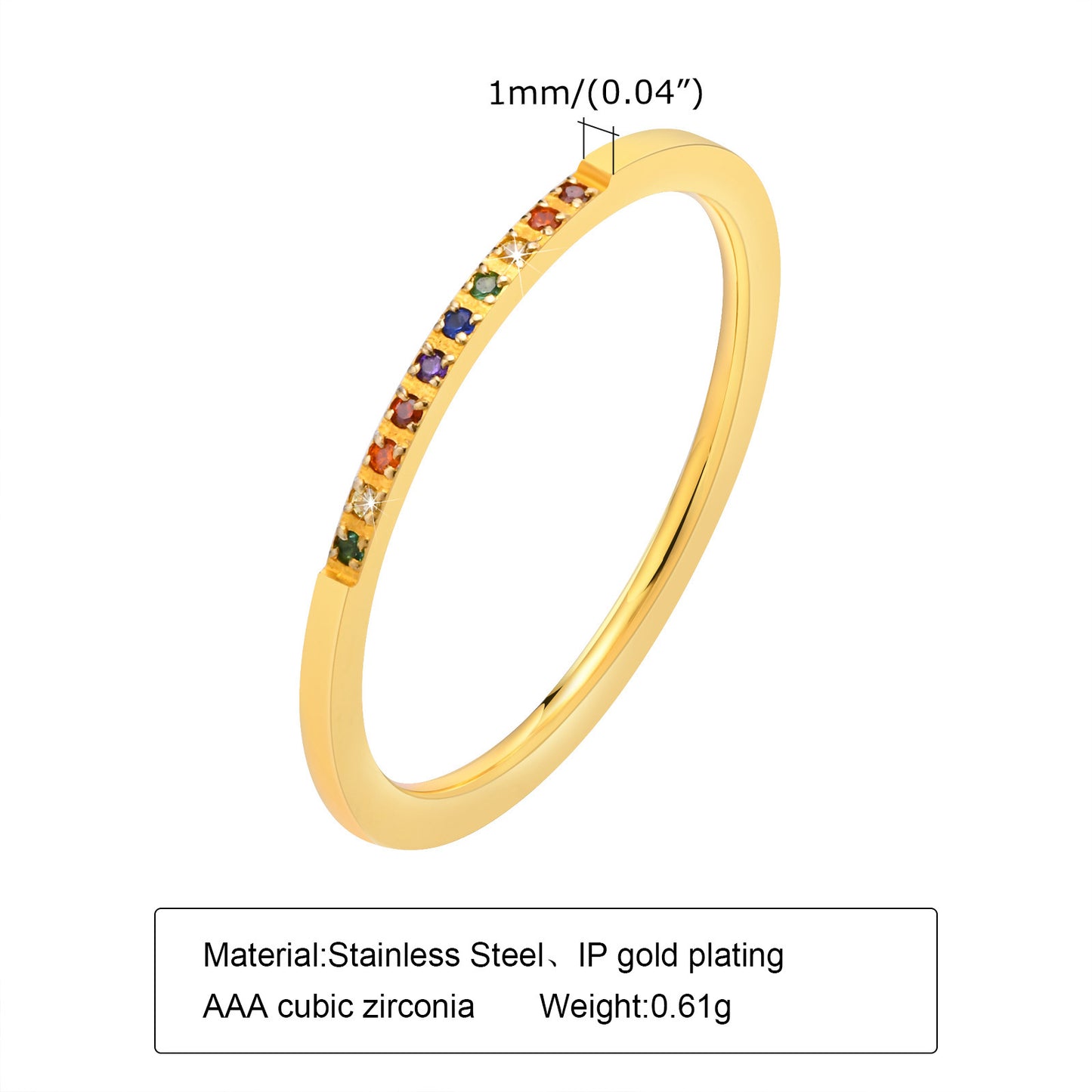 Stainless Steel Thin Ring 1mm Inlaid With Colored Zircon