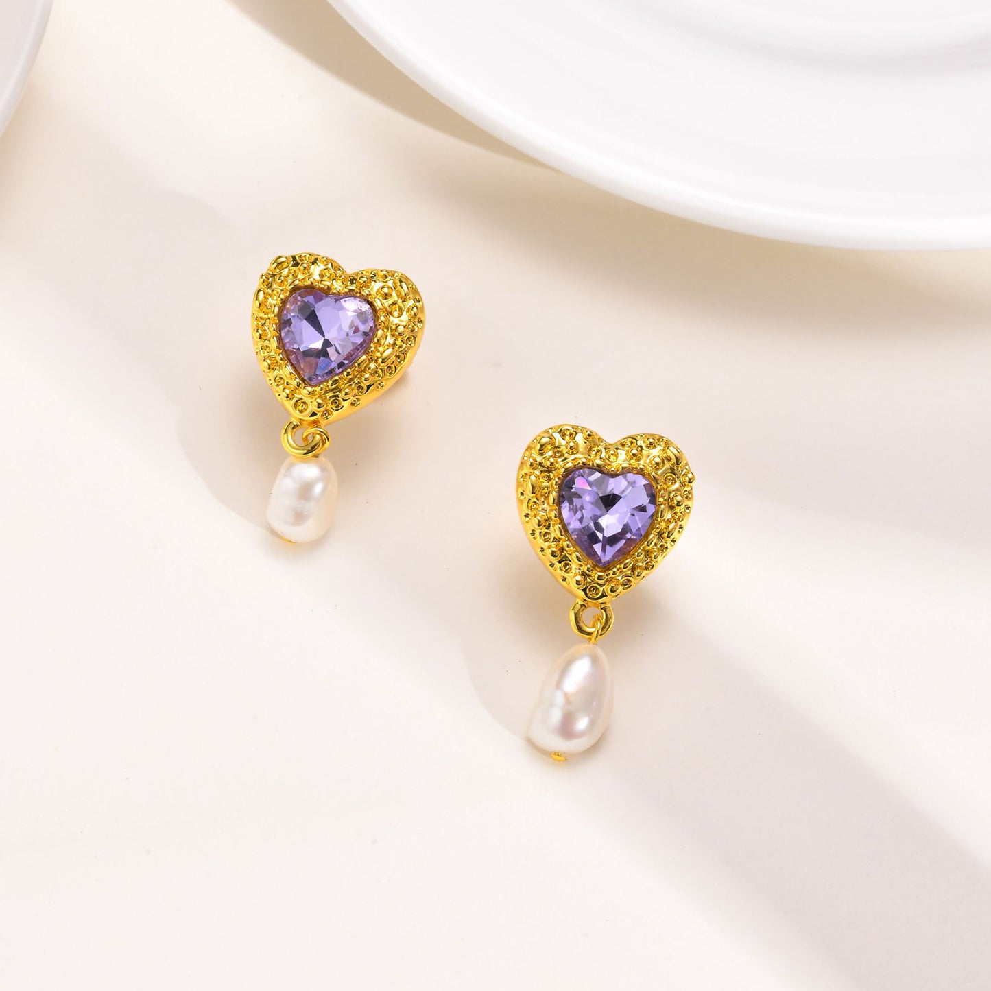Earrings Heart-Shaped Green Zircon Love Purple Zircon Style