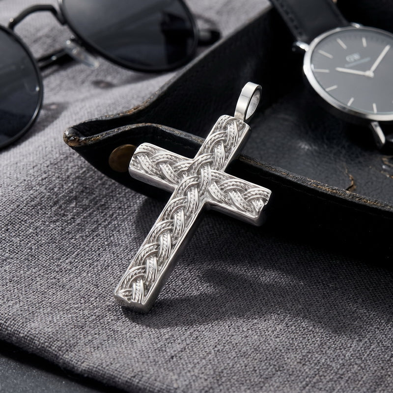 Hip Hop Stainless Steel Round Bead Chain Necklace Simple Twist Cross Pendant Square