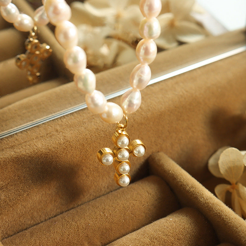 Elegant Pearl Cross Pendant Necklace with Freshwater Pearls