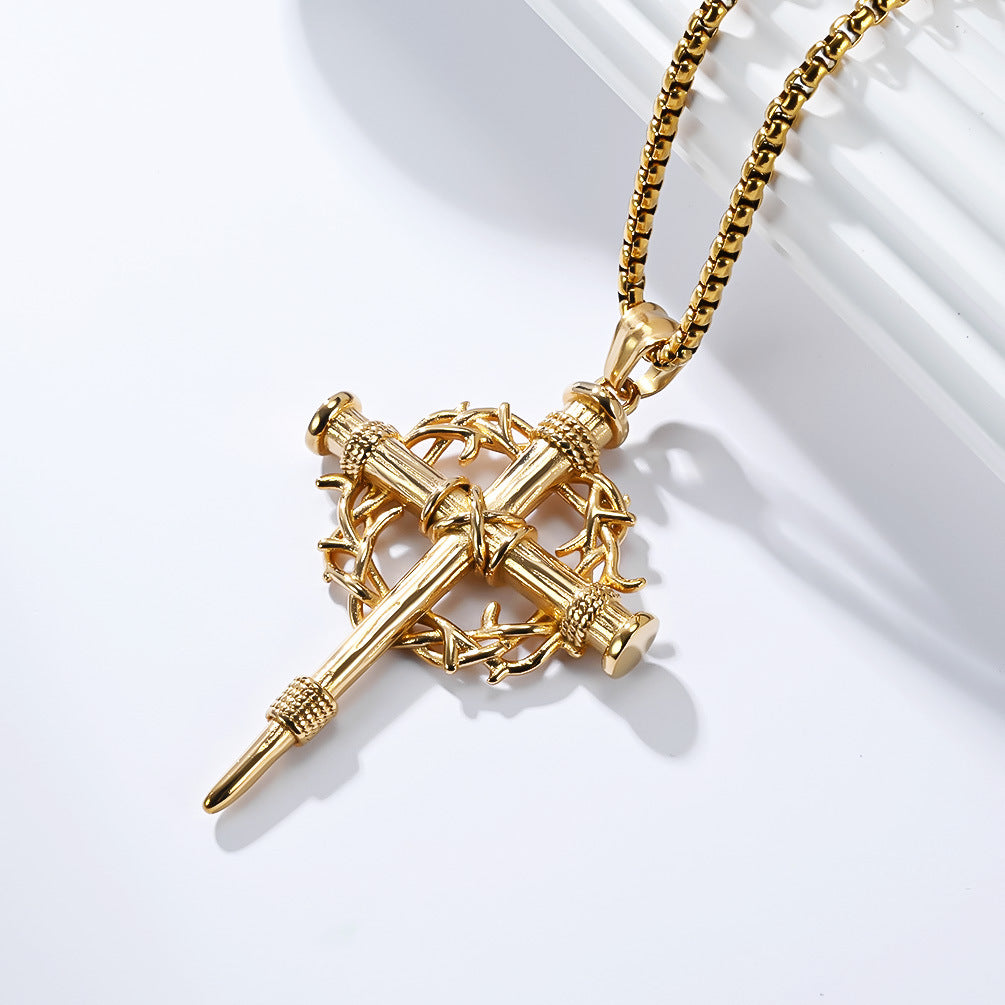 Steel Necklace – Statement Cross Pendant With Thorn Wreath Design For Hipster Street Style