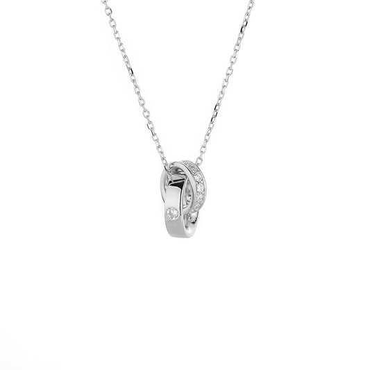 Double Ring Interlocking Zircon Silver Necklace