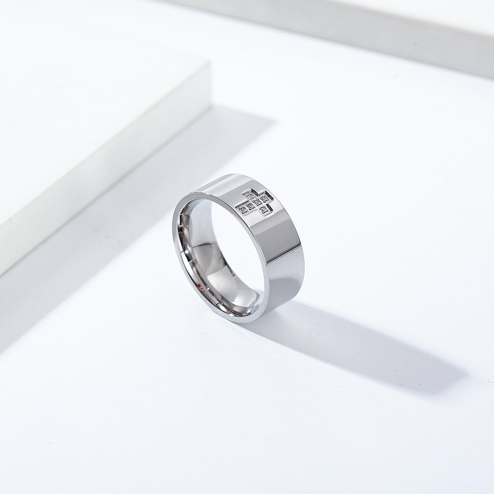 Planderful Everyday Genie Mens Korean Style Zircon Cross Ring Glossy Simple Personality Trendy Accessory