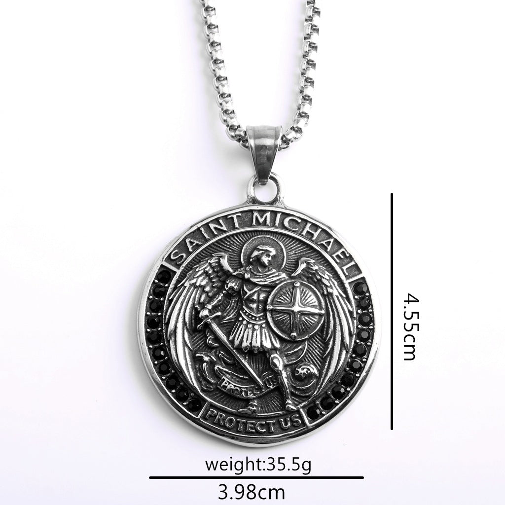 Vintage St. Michael Angel Stainless Steel Men's Pendant Necklace