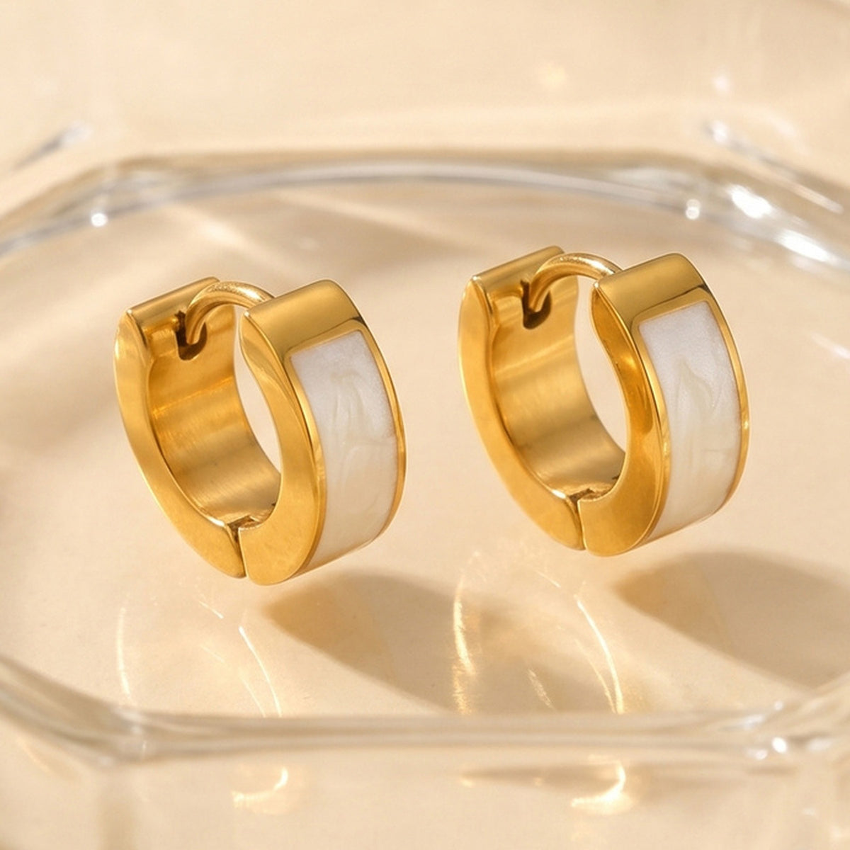 Gold-Tone Pearlescent Enamel Huggie Earrings