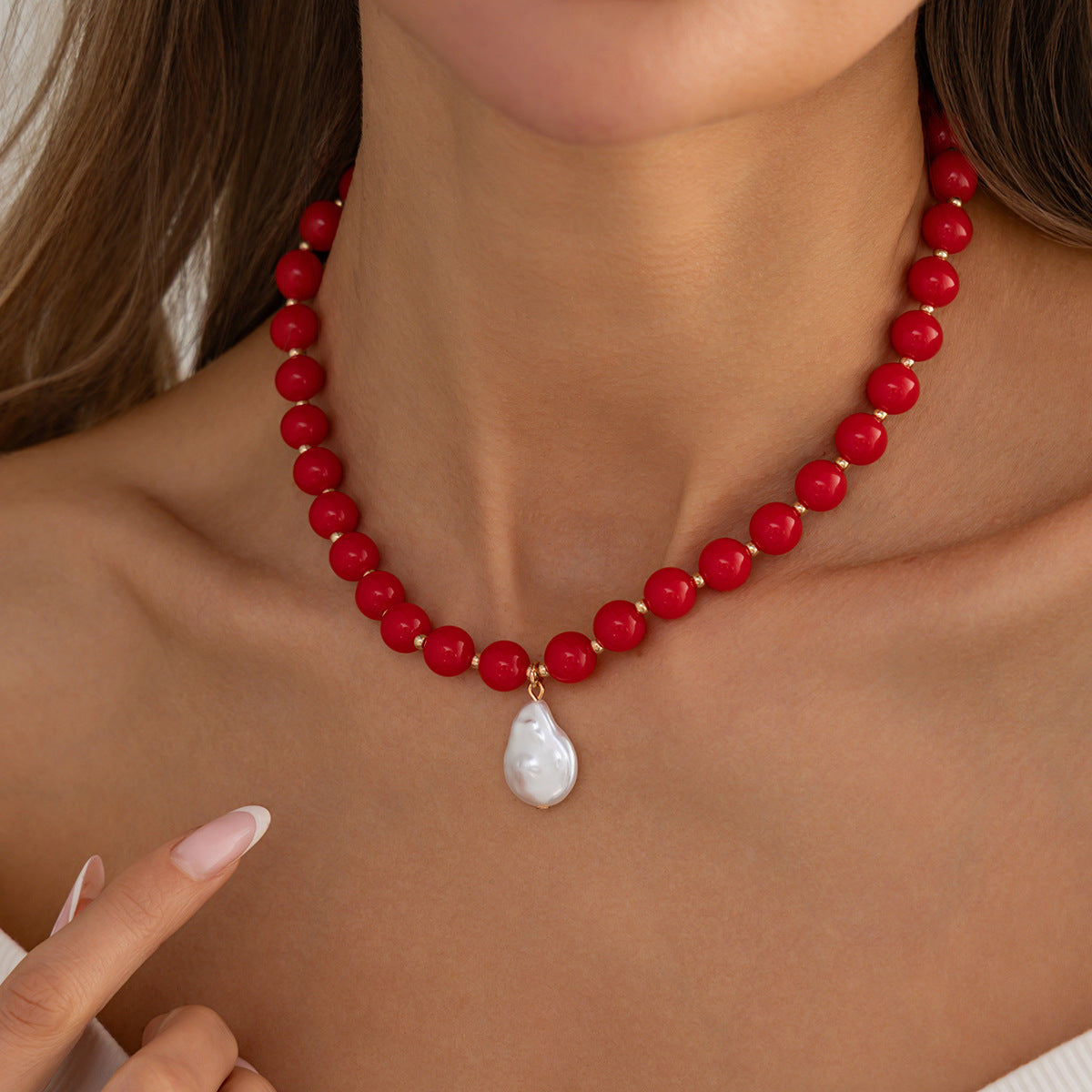Colored Round Beads Pearl Necklace Dopamine Beaded Holiday Wind Necklace