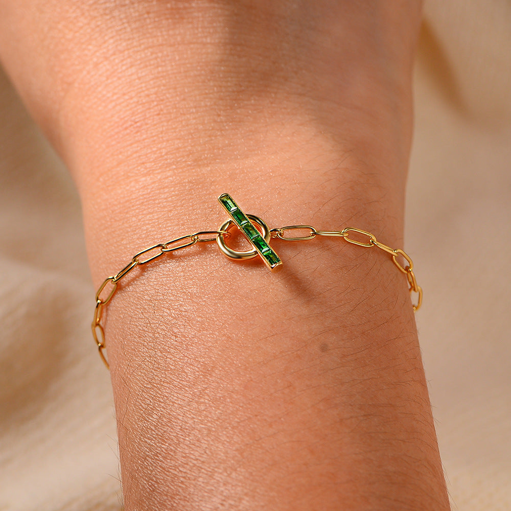 925 Sterling Silver Ot Buckle Geometric Ring Shape Emerald Zircon Bracelet Silver Chain