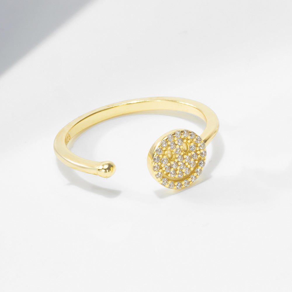 Europe And The United States For Micro-Inlaid Zircon Smiley Face Opening Sterling Silver Ring