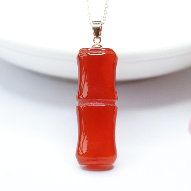 Exquisite Red Agate Bamboo Pendant Sterling Silver Necklace