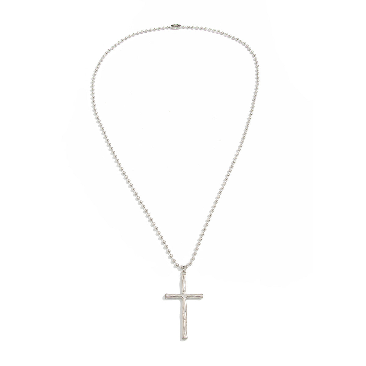 Hammered Cross Long Bead Necklace