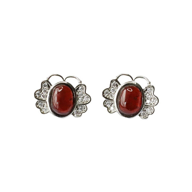 Orange-Red Garnet Butterfly 925 Silver Stud Earrings