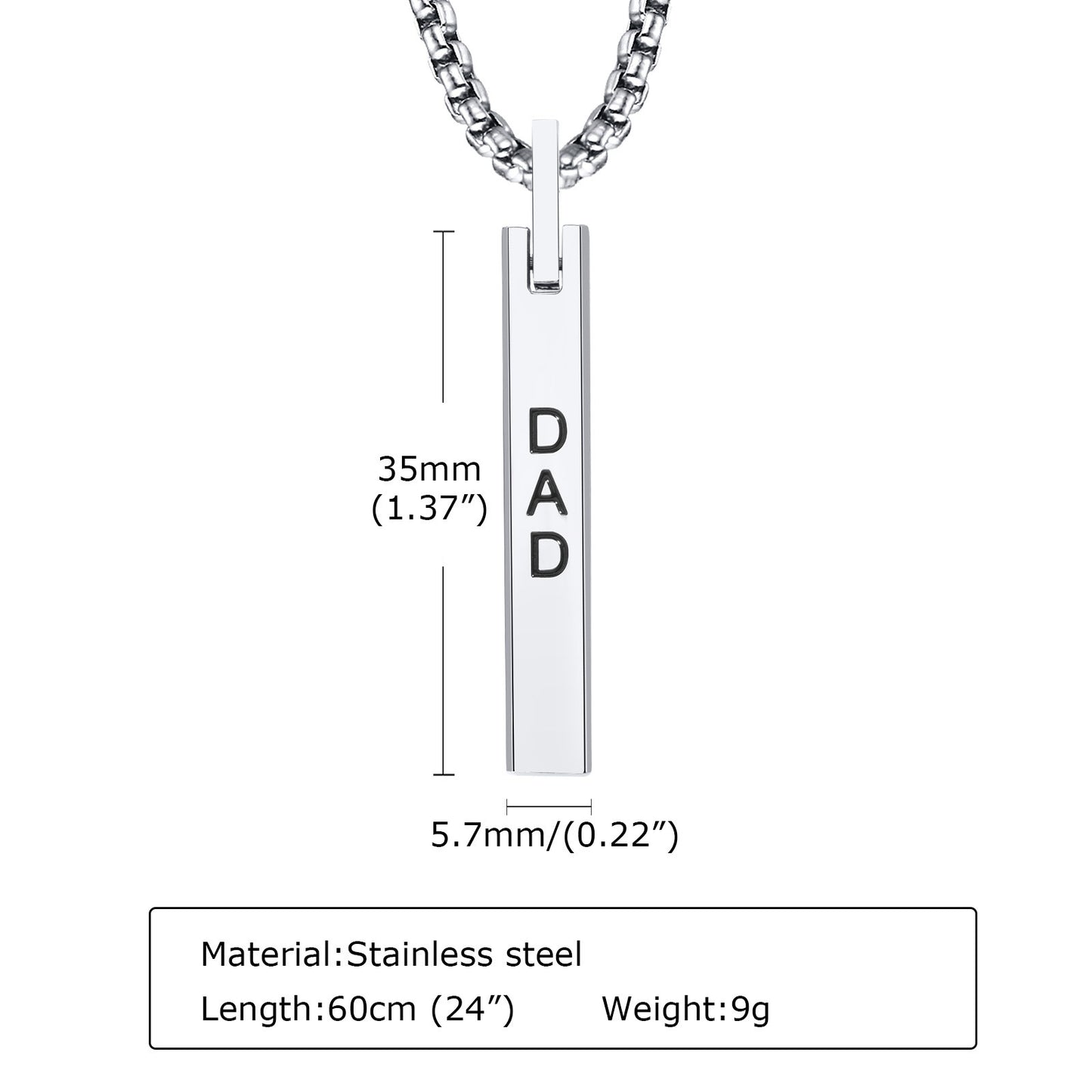 Stainless Steel Corroded DAD Rectangle Pendant Necklace Men