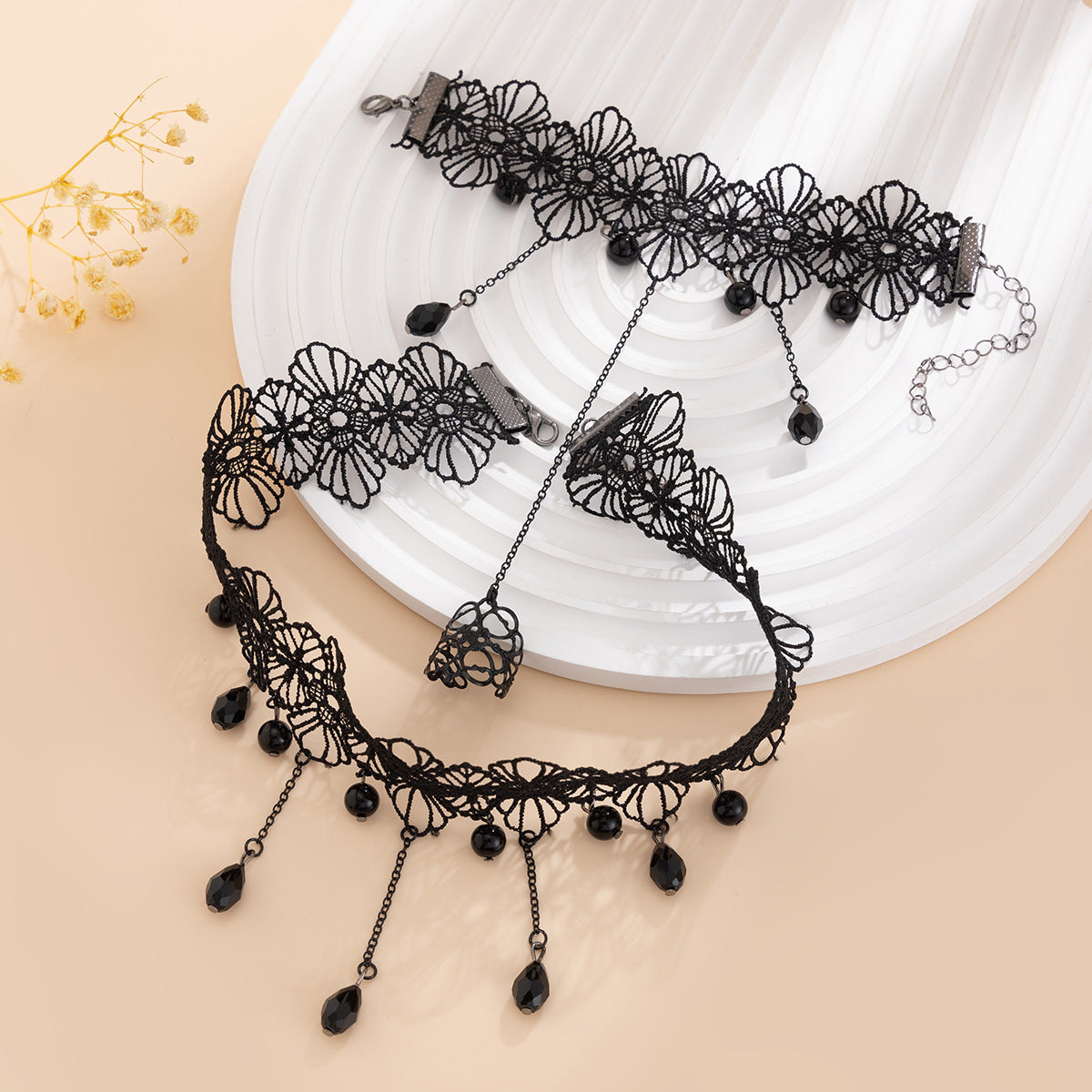 Gothic Crystal-Style Flower & Tassel Lace Necklace
