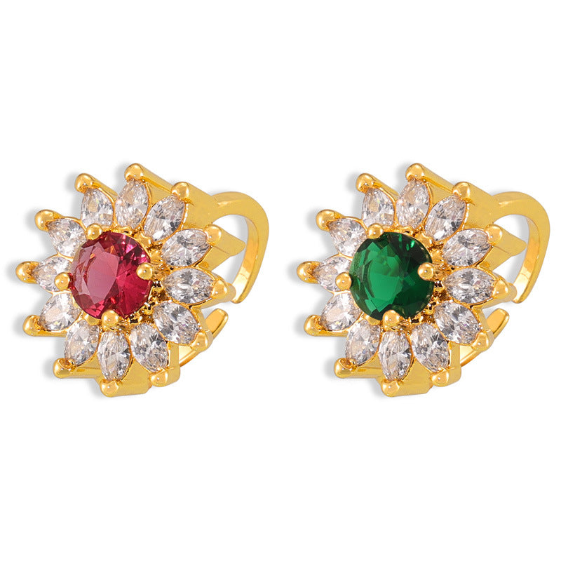 Korean Geometric Flower Zircon Copper Open Ring