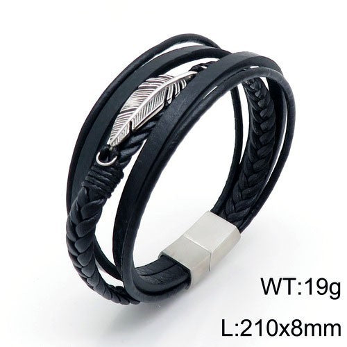 Men's Stainless Steel Feather Bracelet Planderful Layered