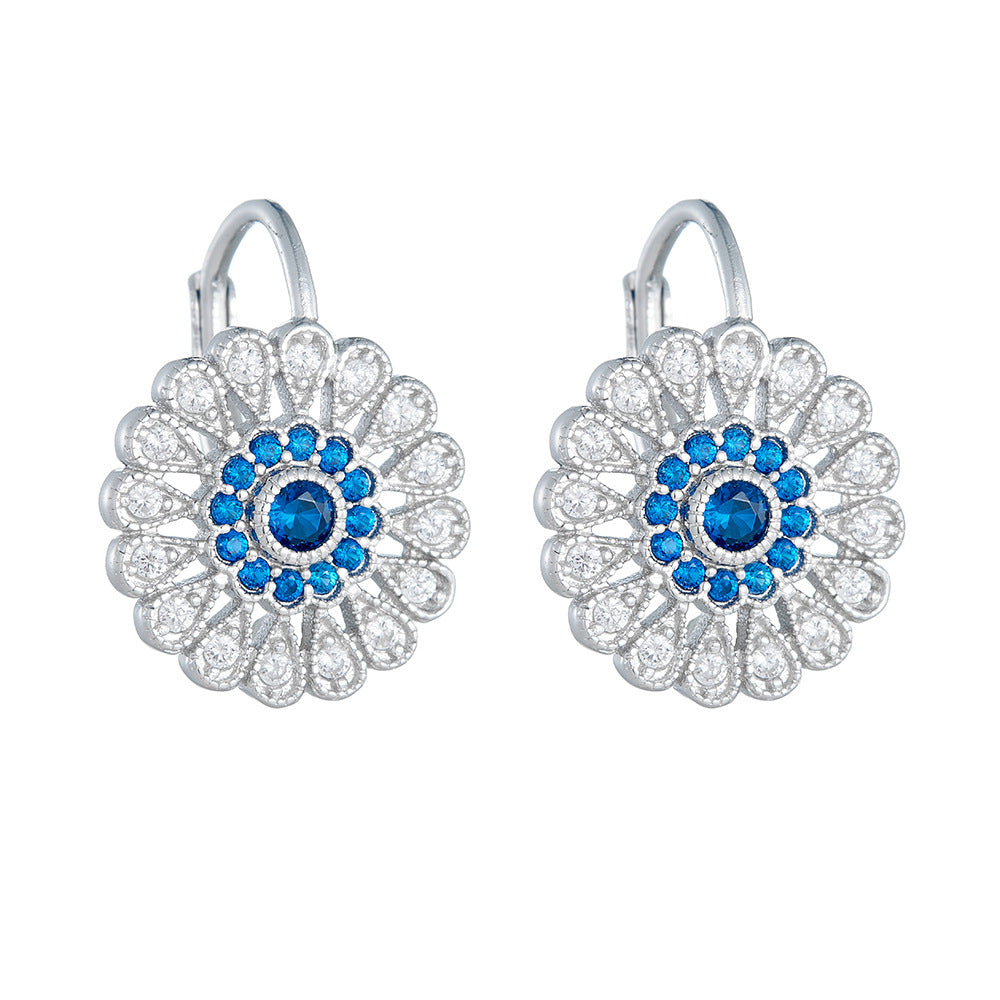 Planderful S925 Sterling Silver Sunflower Stud Earrings With Blue Zircon Luxury Jewelry For Women