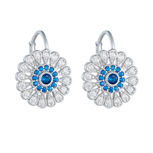 Planderful S925 Sterling Silver Sunflower Stud Earrings With Blue Zircon Luxury Jewelry For Women