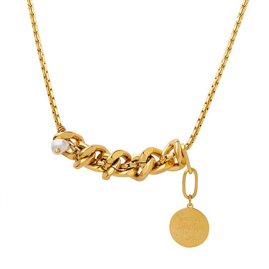 Urban Chic Geometric Freshwater Pearl Pendant Necklace with Cuban Chain