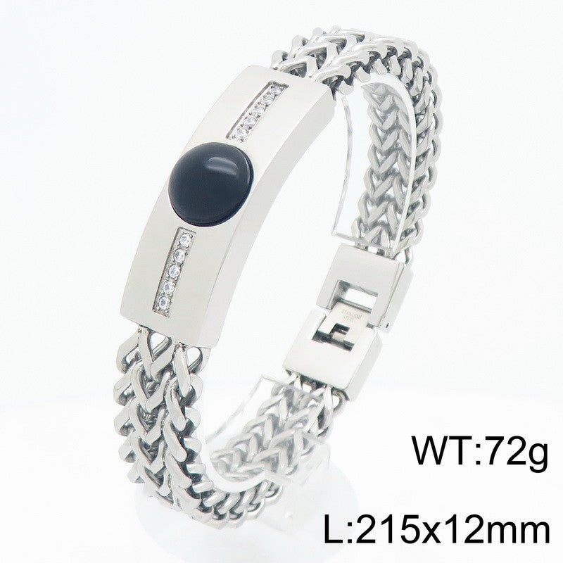 Blue Gold Black Pine Obsidian Inlaid Zircon Curved Bar Front & Back Chain Stainless Bracelet