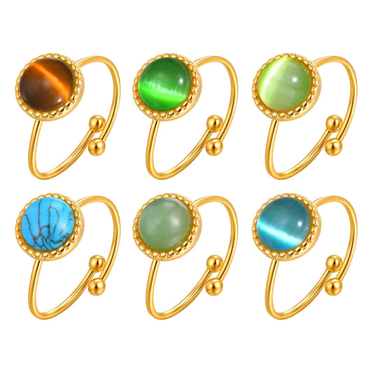 Titanium Steel Ring – Stainless Steel Gold Cat's Eye Natural Stone Round Opening Ring