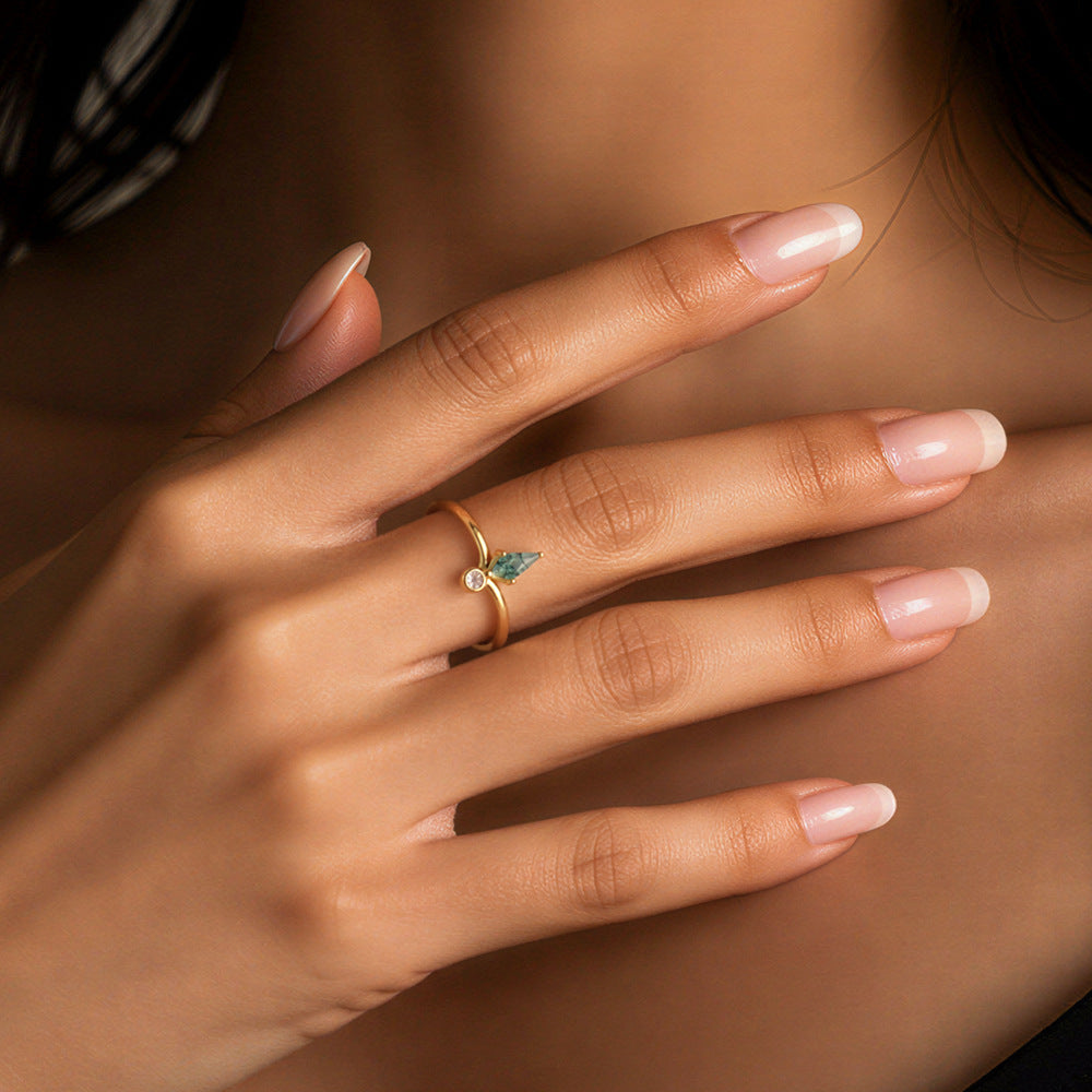 S925 Sterling Silver Aquatic Agate Ring, Crown Stacked With Natural Green Moss Stone