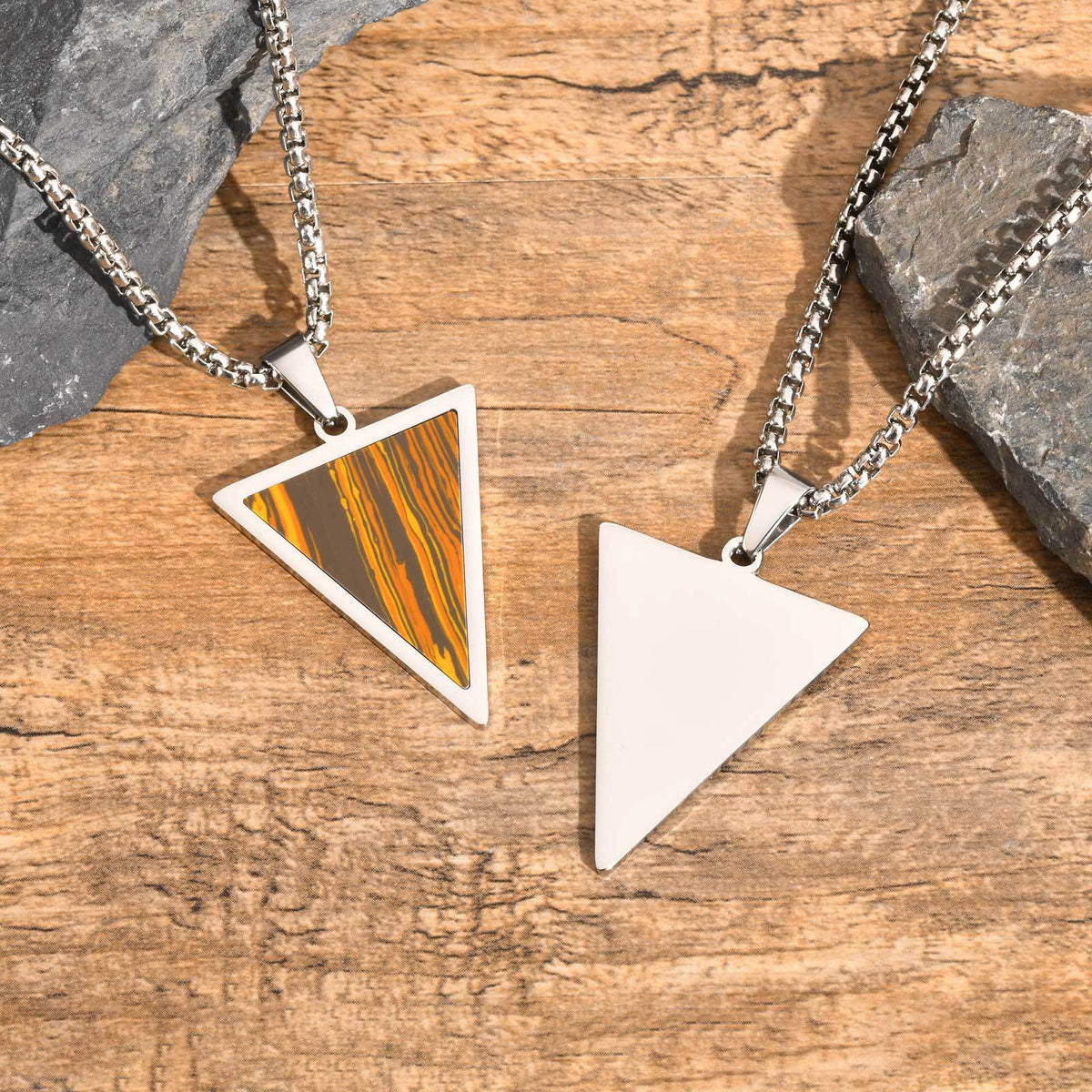 Stainless Steel Triangle Natural Tiger's Eye Stone Black Agate Pendant Necklace Men's