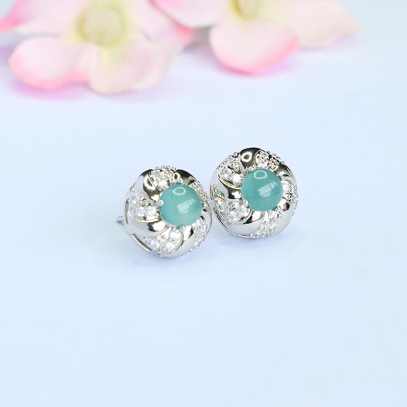 Blue-Water Jadeite Bead Halo Stud Earrings