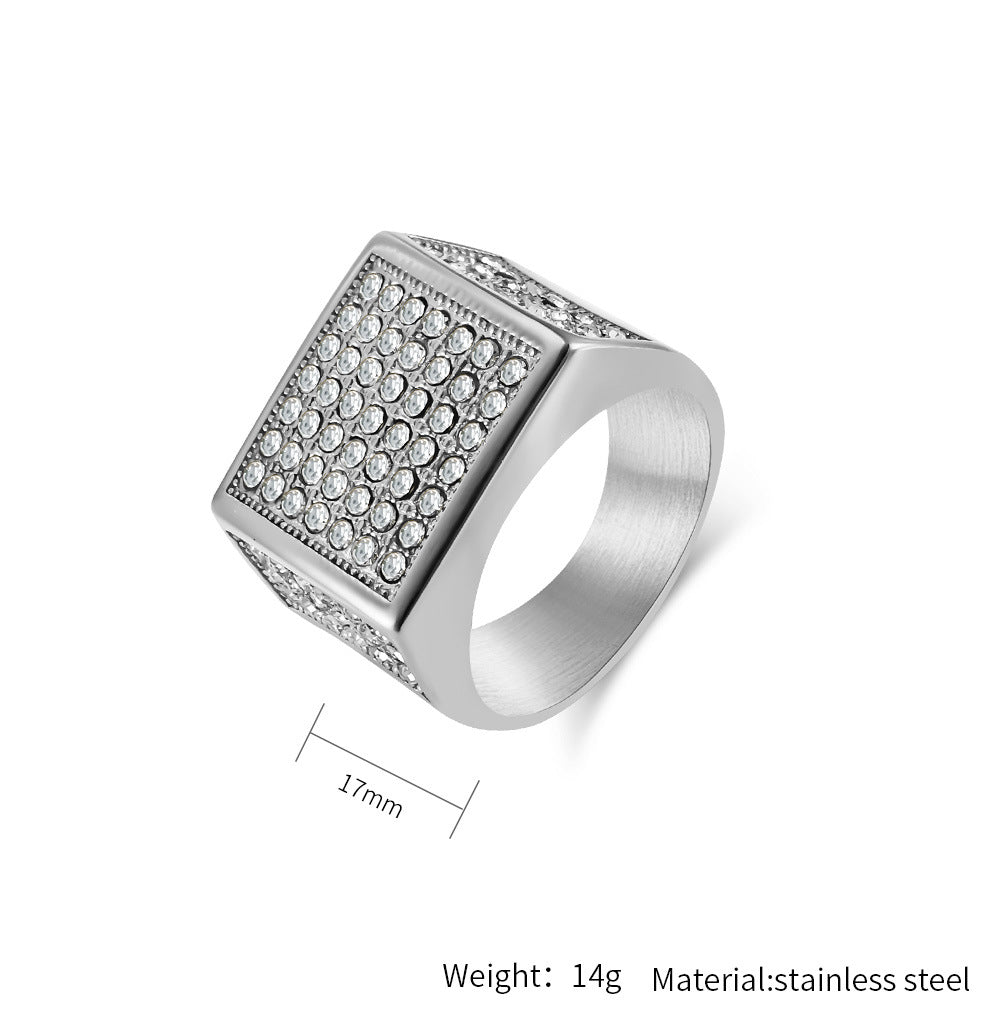 Planderful Mens Hip Hop Titanium Steel Ring Gold Plated Zircon Bold Statement Jewelry For Him