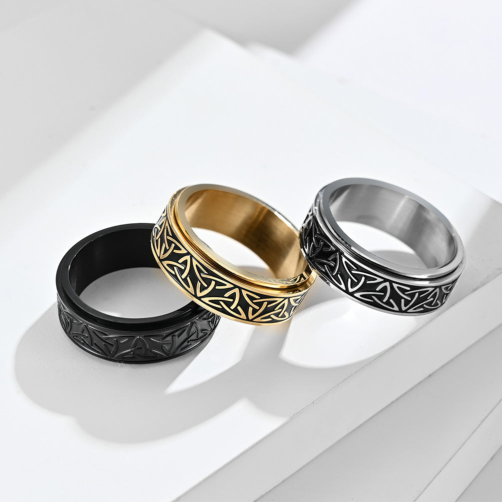 Planderful Nordic Viking Triangle Knot Rotating Ring Stainless Steel For Men Decompression Jewelry