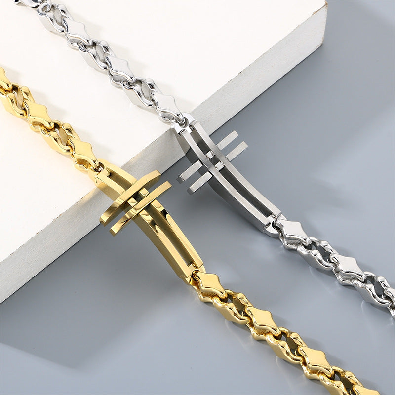 Hip-Hop Hand-Spliced – Niche Double-Layer Hollow Cross Rhombus Chain – Titanium Steel Bracelet