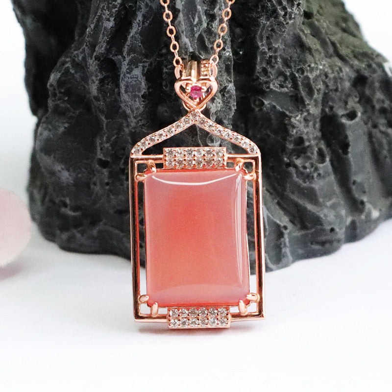 Zircon Hollow Rose Gold Necklace with Natural Rectangle Agate Pandant