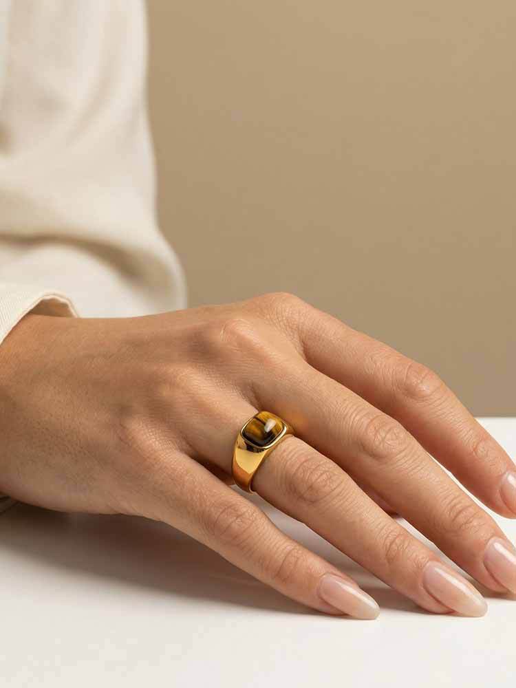 Stainless Steel Water Drop Natural Tiger's Eye Stone Oval Heart-Shaped Dongling Jade Ring