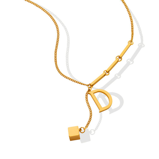 Golden Square Pendant Necklace with Titanium Plating - Stylish European and American Design