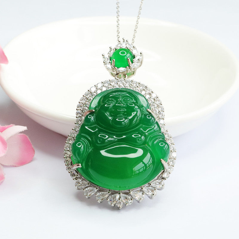 Chalcedony Buddha Pendant Sterling Silver Necklace with Zircon Accents