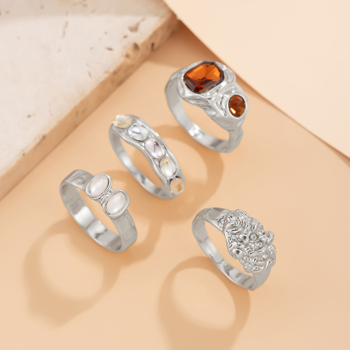 Planderful Collection Vienna Verve Zircon Gem Ring Set Geometric Lava Inlaid Statement Jewelry For Women