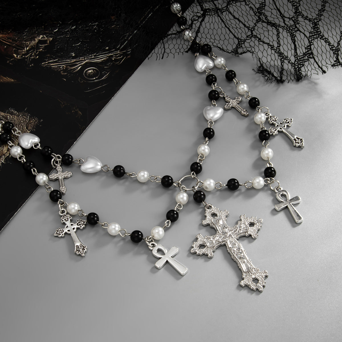 Gothic Cross Pearl-Style Choker